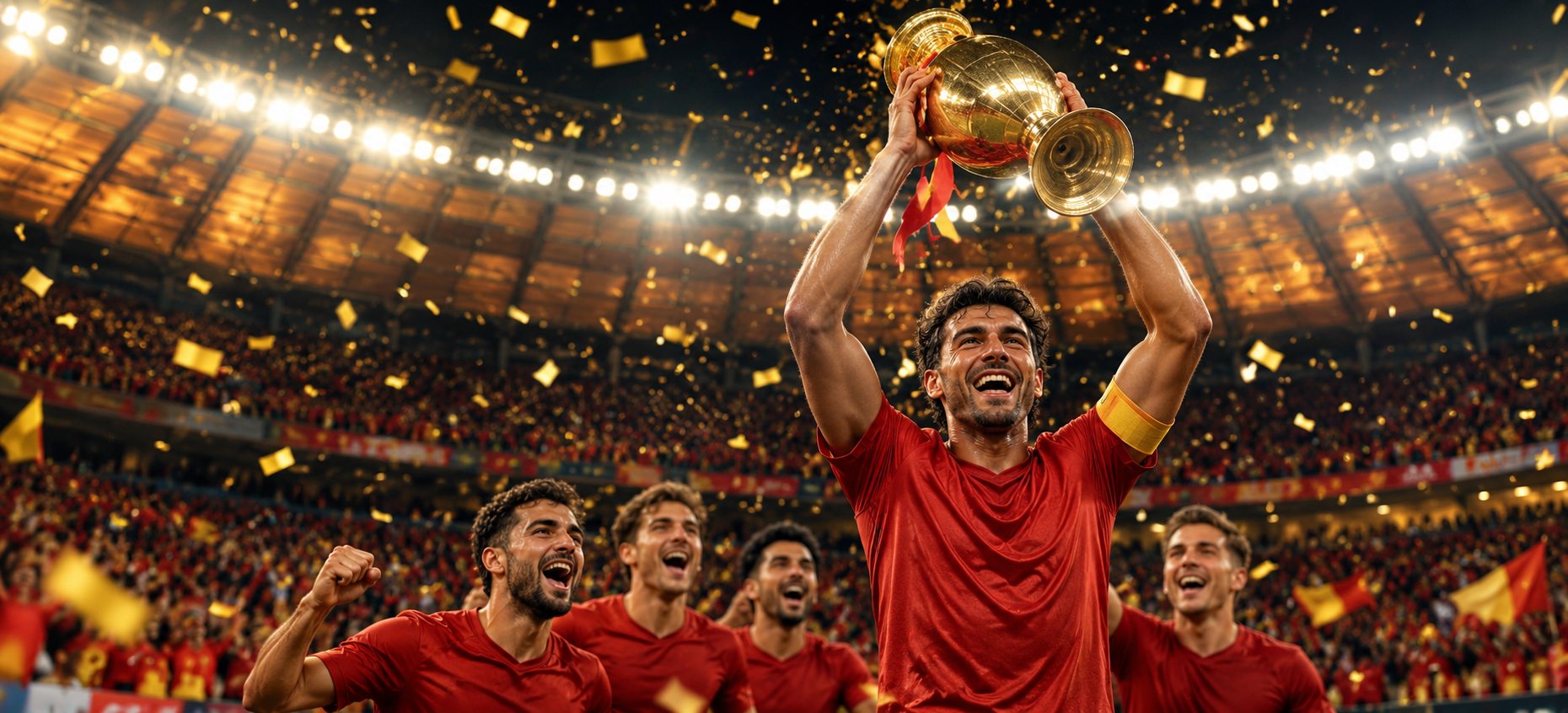 Illustrative stadium celebration with a team lifting a trophy